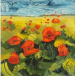 Aidan Butler, "Blue Sky Poppies", signed and dated verso '05, oil on canvas, 18 cm x 18 cm.