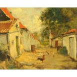 Continental School, oil on canvas, chickens with rural buildings,