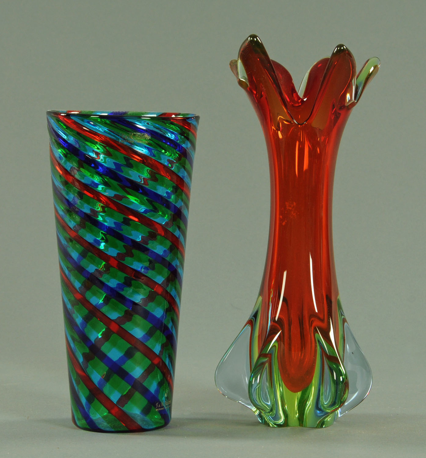 A Murano glass vase by F and M Ballarin, late 20th century, of tapering form with bands of blue,
