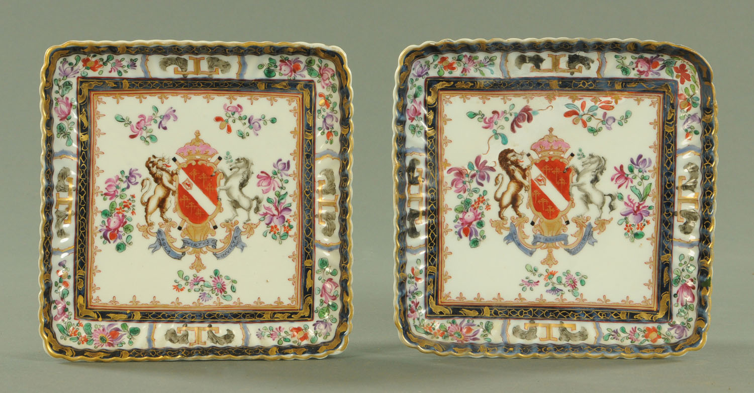 A pair of 19th century Samson of Paris armorial dishes, square, decorated in typical colours. 19.