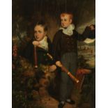 A 19th century oil painting on canvas, portrait of father and son in wooded landscape. 29.