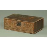 A late 17th century carved oak bible box, with original hasp and open interior.