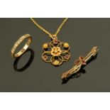 An Edwardian floral 9 ct gold pendant, on fine mesh chain,