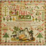 A large Victorian sampler, Isabella Seatree aged 13 years, Legburthwaite 1872, cats, verse,