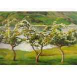 Alan R Thompson, blossoming trees a lake and mountains beyond, signed, oil on canvas 52.5 cm x 75.