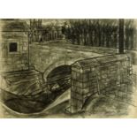 Percy Kelly (1918-1993), charcoal, church by bridge West Cumbria, 56 cm x 76 cm, framed,