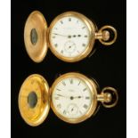 Two gold plated half hunter pocket watches, each with enamel dial and subsidiary seconds dial,