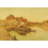 John Terris RSW (1865-1914), a watercolour "Barges Moored Along a Quayside", 38 cm x 54 cm, framed,