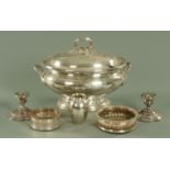 A silver plated tureen and cover, two silver plated bottle coasters,