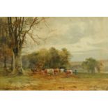 Henry Charles Fox RBA, a watercolour "Cattle and Figure in Landscape", 36 cm x 52 cm, framed,