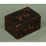 An 18th century chinoiserie lacquered tea caddy, with interior lead casket. Width 15.5 cm.