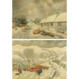 Robertson a pair of oil paintings on canvas, winter village scenes with sheep and highland cattle.