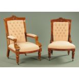 A pair of late Victorian mahogany ladies and gentlemen's chairs,