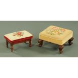 Two Victorian stools, each with a tapestry top,