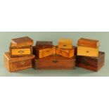 A collection of Victorian boxes, one for handkerchiefs, others for jewellery, a writing slope etc,