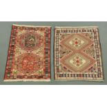Two similar Eastern fringed rugs, decorated with geometric patterns. Largest 106 cm x 78 cm.