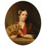 19th century English School, oil on canvas, portrait of lady with fan.