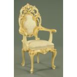 An Italian rococo style white painted armchair, with stuff over seat raised on cabriole front legs.