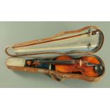 A full size violin, 20th century, with figured two piece back, 59 cm overall,