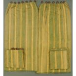 Two pairs of green and yellow striped and foliate patterned curtains, drop +/- 270 cm,