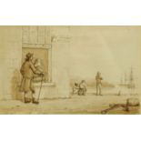 English School early 19th century, figures outside a tailors shop, a harbour and tall ships beyond,