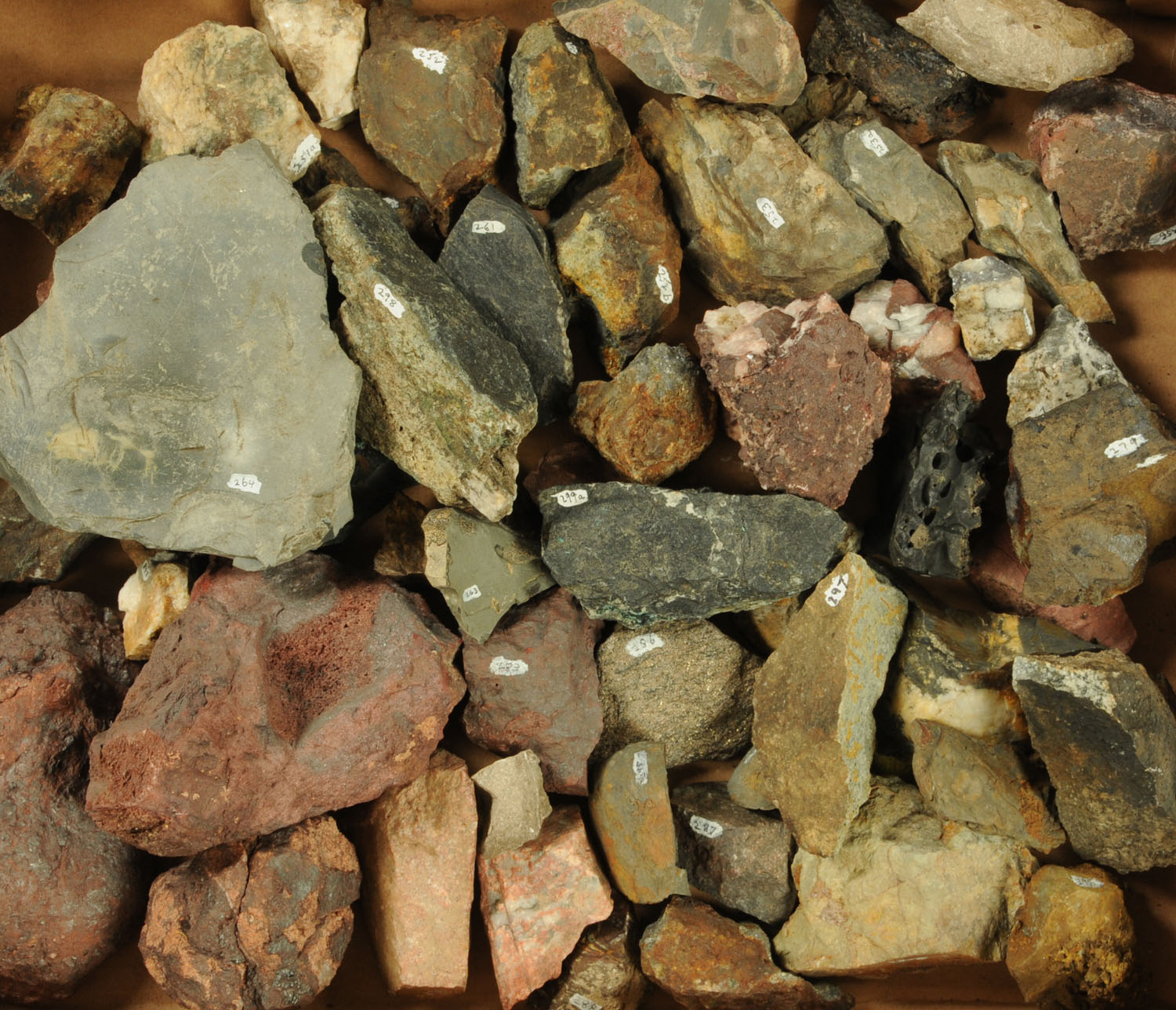 A quantity of geological rock specimen samples, to include lematite, galena, volcanic ash,