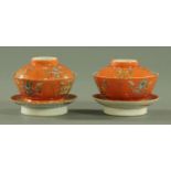 Two Chinese porcelain rice bowls, with covers and stands,