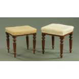 A pair of Victorian mahogany stools, each with stuffover top and raised on turned tapered legs.