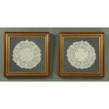 Two framed pieces of Honiton or possibly Branscombe lace, each diameter approximately 29 cm.