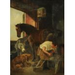 After Sir Edwin Landseer, "Shoeing", oil on canvas, 19th century, unsigned, 43.5 cm x 33 cm.