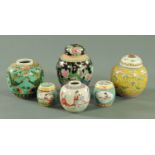 Four Chinese ginger jars, 19th/20th century, and two small drum shaped pots and pierced covers,