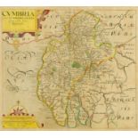 Christopher Saxton, an antiquarian map of Cumbria, circa 1700, hand coloured,