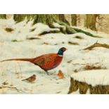 Ashley Boon "Cock Pheasant in a Woodland Snow Scene", signed, watercolour, 21 cm x 28.5 cm.