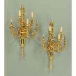 A pair of gilt metal five branch wall light sconces. Height 80 cm, width 49 cm (see illustration).