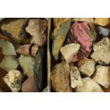 A quantity of geological specimen samples, to include a polished slab of Madagascar rhodonite,
