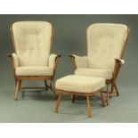 A pair of Ercol armchairs, and an upholstered stool, each upholstered in beige material.