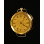 A 19th century 14 ct gold cased fob watch, the gilt dial with floral decoration,