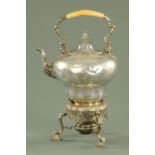 A large Victorian silver plated spirit kettle and stand. Height including handle 43.5 cm.