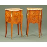 A pair of kingwood marquetry bedside cabinets, each with marble top,