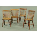 A set of four Victorian ash and elm country kitchen dining chairs, with bowed top rails,
