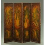A Victorian painted leather four fold screen. Each panel width 55 cm, height 184 cm.
