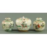 A pair of Chinese Famille Verte ginger jars and covers, late 19th/early 20th century,