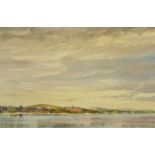 Len Roope (1917-2005), a watercolour, coastal scene with buildings and hills, 21 cm x 31 cm, framed,