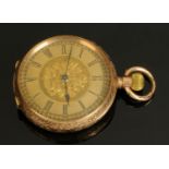 A 9 ct gold foliate engraved fob watch, knob wind, diameter 34 mm.