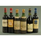 Six bottles of French red wine, comprising Chateau de Cadillac 1970, Mas de Daumas Gassac 1989,