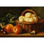 P Lewis, still life of fruit and basket of eggs, signed, oil on panel, 12.5 cm x 17.5 cm.