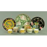 Three Chinese yellow ground teacups, three saucers, a Canton pot, a Canton cover,
