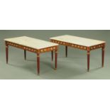 A pair of H&L Epstein (Hale) Continental style marble topped low coffee tables. Top 102 cm x 49 cm.