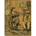 Jack Butler Yates RHA (1871-1957) "The Fiddler", hand coloured wood block, image 15 cm x 11.5 cm.