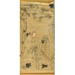 A large Chinese handpainted scroll painting, mid 20th century, depicting Guandi, a man and woman,